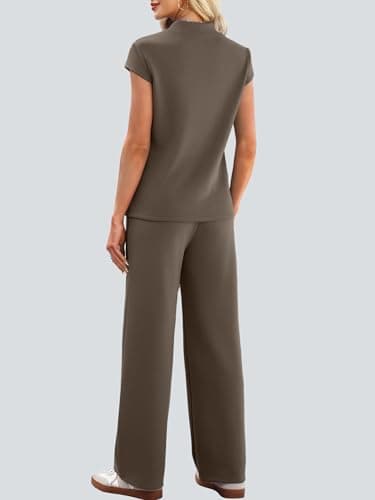 Casly Lamiit Two Piece Lounge for Women Summer Mock Neck Short Sleeve Tops Lounge Set Travel Airport Vacation Outfits Resort Wear Coffee M - Thumbnail 5