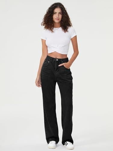HDLTE Women Wide Leg Jeans Junior High Waist Baggy Jeans Loose Boyfriends Jeans Black Washed - Thumbnail 5