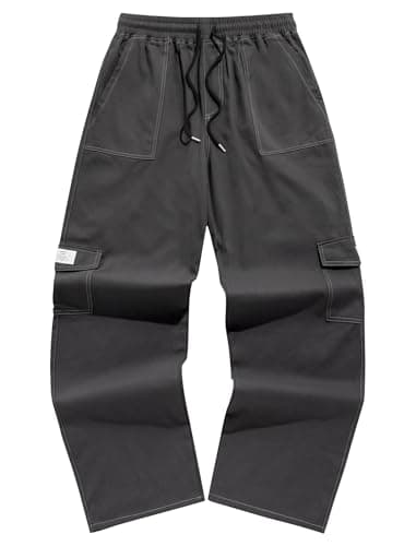 ZAFUL Men's Cargo Pants Digital Camouflage Branch Shaped Print Drawstring Waist Loose Casual Trousers with Pockets (4-Dark Grey, L)