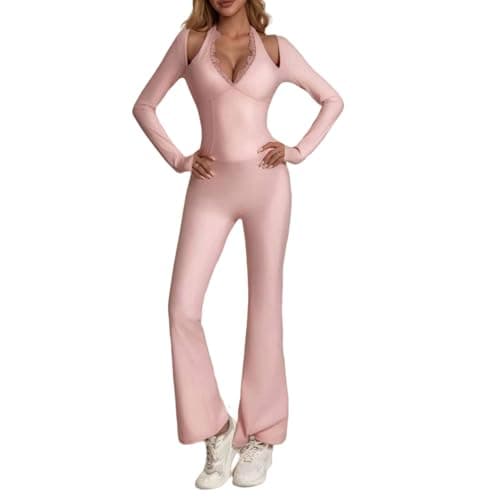 KAIFUYING One Piece Wide Leg Jumpsuits For Women Workout Long Sleeve Jumpsuit Flare Yoga Romper V-Neck Sexy Lace Pink-XL - Image 1