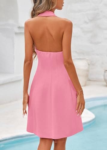 Lazysmile Summer Dresses for Women Sleeveless Halter Lapel V Neck Backless A Line Formal Cocktail Party Short Dress Dark Pink - Thumbnail 2