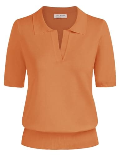 Kate Kasin Women Short Sleeve Polo Sweater Tops Lightweight Summer V Neck Soft Knit Pullover Shirt Orange L - Image 1
