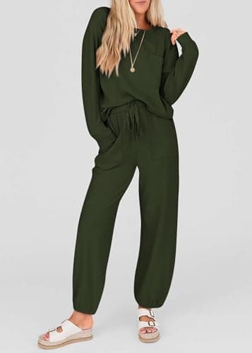 KIRUNDO Lounge Sets for Women 2026 Fall Airport Travel Outfits Ribbed Knit Tops Jogger Pants Tracksuit Postpartum Comfy Set(Army Green, Large) - Thumbnail 3