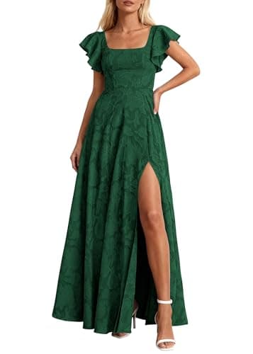 KIRUNDO Cocktail Dresses for Women Elegant Wedding Guest Summer Formal Maxi Lace Floral Slit Prom Party Bridesmaid Dress (Dark Green, Large) - Image 1