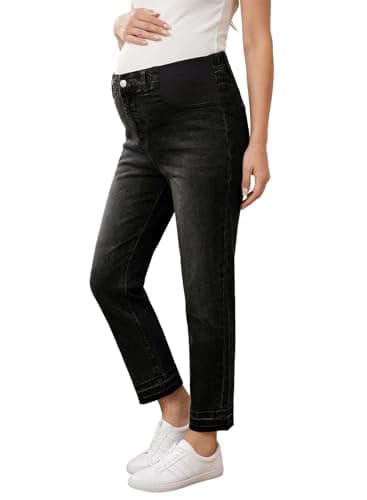 BLENCOT Women Maternity Pants Denim High Waisted Trendy Straight Leg Comfy Work Waistband Skinny Elastic Stretch Plus Size Ankle Jeans Outfits Pregnant Clothes Medium Black - Image 1