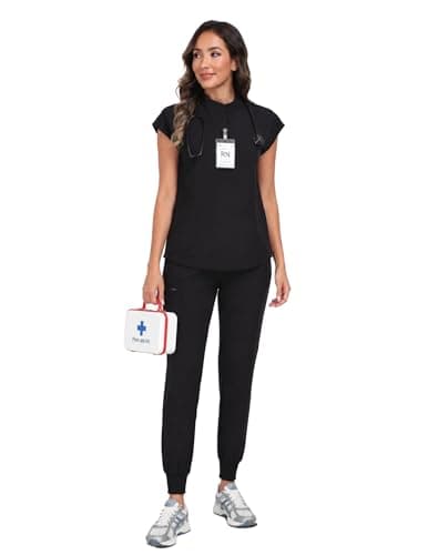 VECARDI Women's Scrub Top Zip Front Stretch Short Sleeve Nurse Uniform Shirt with Pockets Badge Loop Black - Thumbnail 6
