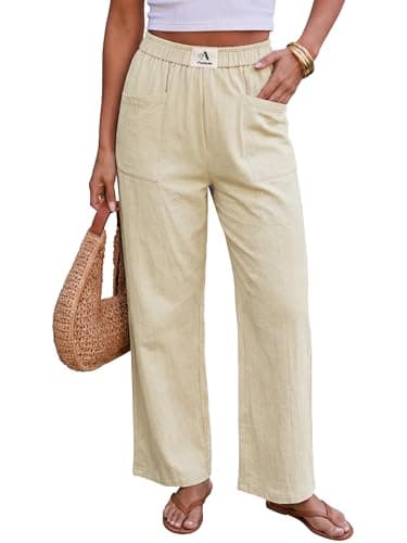 AUMORA Womens Pants Wide Leg Palazzo Pants Casual High Waisted Summer Flowy Beach Casual Trousers with Pockets Off-White - Image 1