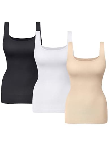KIKIMINK Womens Tummy Control Shapewear Tank Top - Seamless Square Neck Wide Strap Compression Tanks for Women - Slimming Sleeveless Body Shaper Undershirt Fitted Camisole - Black White Skin Small - Image 1