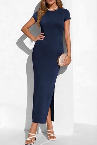 PRETTYGARDEN Womens Summer Dresses 2026 Casual Short Sleeve Crewneck Slit T Shirt Dress Spring Beach Vacation Sundress(Navy Blue,Medium) - Thumbnail 3