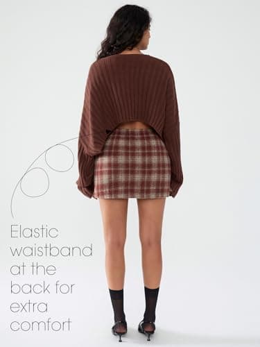 EXLURA Womens Faux Wool Plaid Mini Skirt Elastic High Waisted Tweed Skirts Button Bodycon Skirt Fall Winter Outfit Pocket - Thumbnail 5
