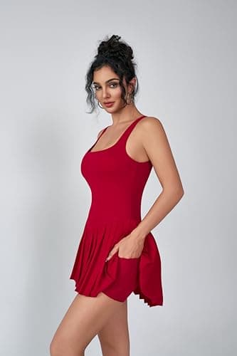 Womens Square Neck Tennis Dress Sleeveless Built in Shorts with Pockets Golf Athletic Dress Red-XL - Thumbnail 3