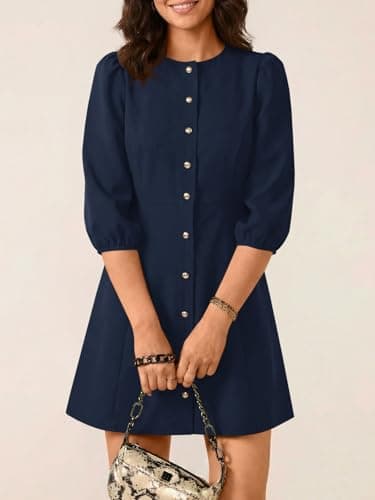 Wenrine Womens Summer Mini Dresses Casual Crewneck 3/4 Lantern Sleeve Button Down A Line Business Work Dress Navy - Thumbnail 4