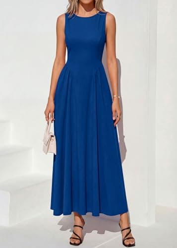 KIRUNDO Wedding Guest Dresses for Women 2026 Summer Semi Formal Work Sleeveless Elegant Boat Neck Flowy A Line Maxi Dress(Bright Blue, Large) - Thumbnail 4