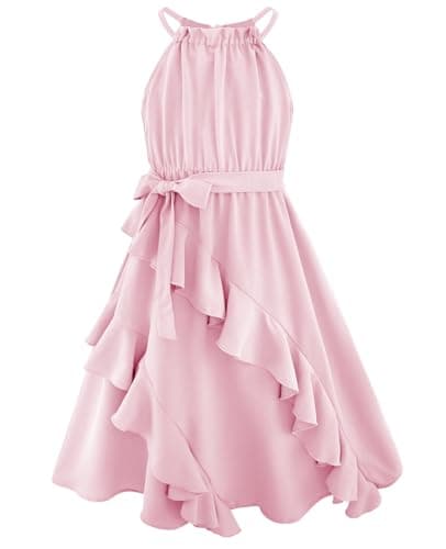 Little Girl Dresses Size 5-6 Pink Tween Halter Tie Back Summer A-Line Swing Dress 2025 Kids Beach Sundresses - Image 1
