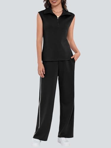 Casly Lamiit 2 Piece Sets for Women Summer Travel Outfits V Neck Half Zip Lapel Tank Top Striped Wide Leg Pants Matching Sets Sweatsuits Black 2XL - Thumbnail 2