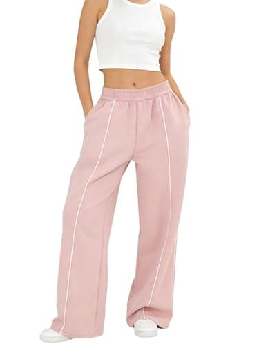 Bgylu Women’s Baggy Wide Leg Sweatpants Y2K Contrast Seam Elastic Waist Lounge Pants with Pockets Pink - Image 1