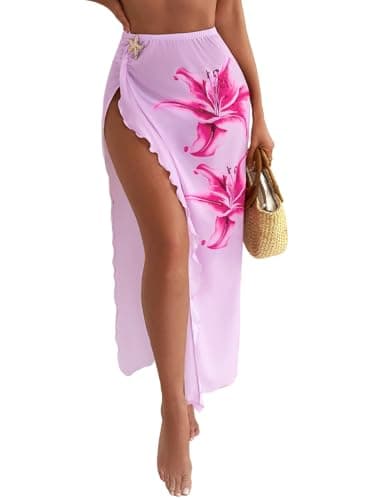 Herseas Women's Semi Sheer Split Thigh Swimsuit Coverup Metal Decoration Ruffle Hem Beach Cover Up Pink Elasticity Sexy Sarong Resort Summer Outfits 2026 X-Large - Image 1