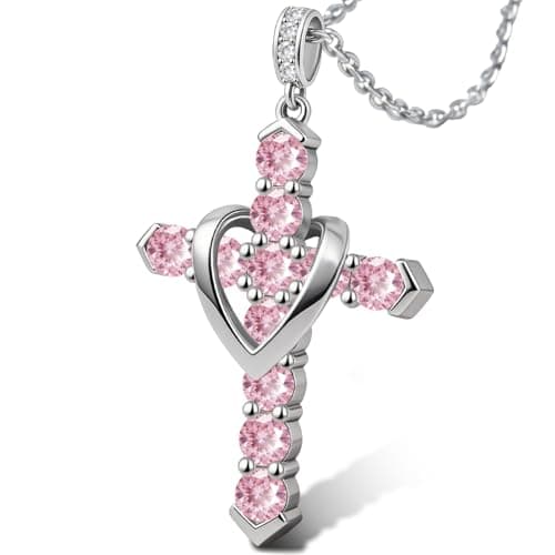 Cross Necklace for Women, Heart Cross Necklace for Women, 18K Gold Plated, Silver Necklace for Women, Dainty Cubic Zirconia Pendant, Hypoallergenic Jewelry for Women, Christian Religious Gifts(Pink-Silver) - Image 1