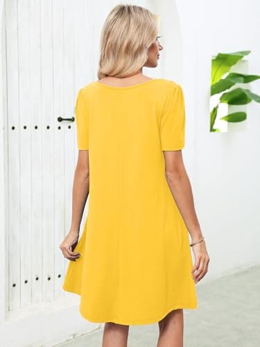 Heymoments Women's Short Sleeve Dress Yellow XX-Large Plus Size Crewneck Casual Flowy Above Knee Length Sundress Comfortable Shirt Work Summer Cheap Dresses with Pockets - Thumbnail 4