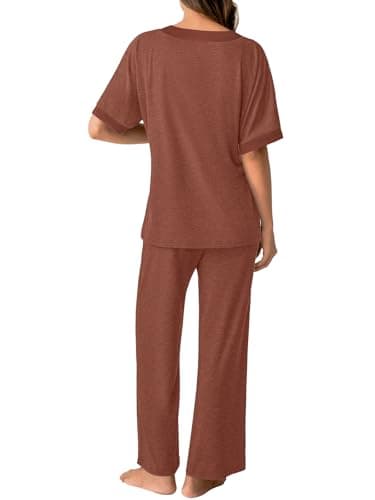GKBK Womens Two Piece Outfits Pajama Sets 3/4 Dolman Sleeve V Neck Sleepwear Nightwear Loungewear Matching Pjs 2 Piece Lounge Set Lightweight Sweatsuit Fall Fashion Ooutfit Brown M - Thumbnail 3