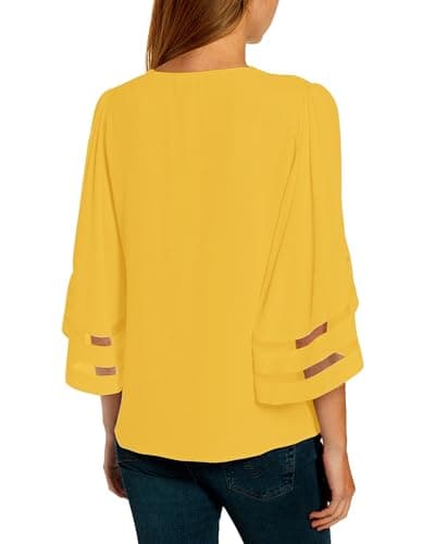 LookbookStore Women Vneck Mesh Panel Work T Shirts for Women V Neck Casual 3/4 Flared Bell Sleeve Blouse Dressy Casual Top Loose Business Office Blouse Tops Gold Lemon Size Large - Thumbnail 2