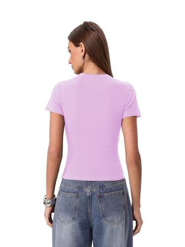 Danysu Short Sleeve Tops for Women with Built in Bra Cotton Jersey Crop Shirts Slim Fit Basic Gym Workout Tee Light Violet Small - Thumbnail 6