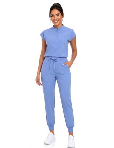 VECARDI Women's Scrub Jogger Pants High Waisted Stretch Nurse Work Bottoms 5 Pockets Elastic Waist Slim Fit Ceil Blue - Thumbnail 6