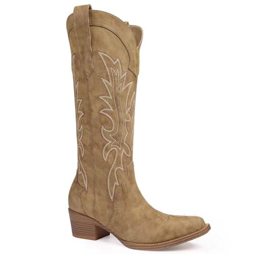Quorvash Cowboy Boots for Women, Knee High Wide Calf Cowgirl Boots with Side Zipper, Snip Toe Western Boots, Brown Size 6 - Image 1