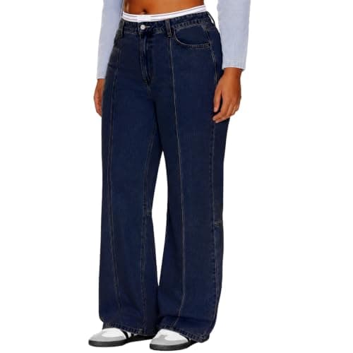 MARIASHA Pull On Women's Wide Leg Jeans High Waisted Stretchy Buttoned Denim Pants Jean Deep Blue 3XL - Image 1