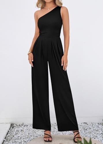 KIRUNDO One Piece Jumpsuits For Women Dressy 2026 One Shoulder Formal Ribbed Wide Leg Rompers With Pockets Summer Outfits(Black, X-Large) - Thumbnail 3