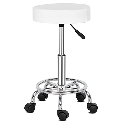 Round Bar Stool with Lines Rotation Counter Adjustable Height, Modern Bar Stools 360° Swivel PU Leather Armless Bar Chair for Kitchen Dining Living Bistro Spa, (White, Round) - Image 1