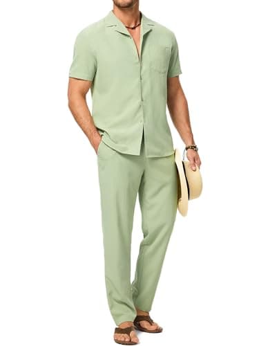 JMIERR Men Texture 2 Piece Outfit Short Sleeve Lightweight Beach Button Down Shirt Casual Pant Sets with Pocket - Image 1