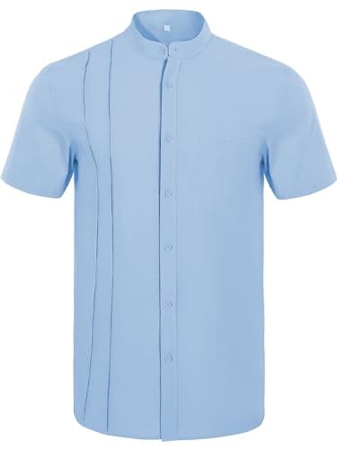 Mens Casual Button Shirts Cotton Linen Summer Beach Short Sleeve Tops for Lounge Vacation Blue - Thumbnail 5