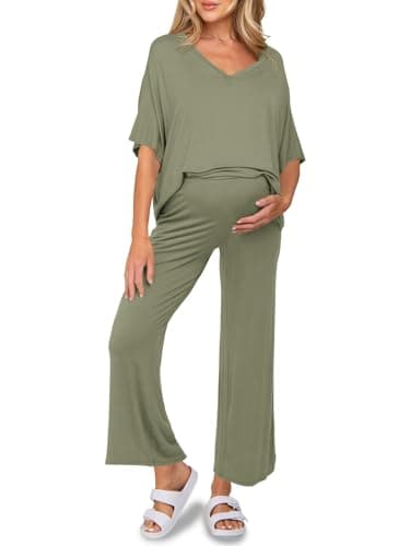 Tankaneo Womens Maternity Pajamas 2 Piece Lounge Set Soft Short Sleeve V Neck T-shirt Cropped Pants Pregnancy Loungewear, Pea Green, X-Large - Image 1