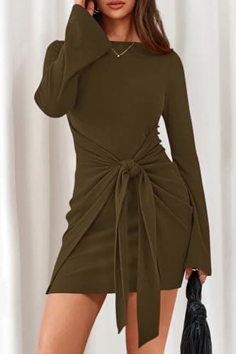 dowerme Women's Casual Mini Dress 2026 Bell Long Sleeve Boat Neck Tie Waist Bodycon Dresses Knitted Party Fall Outfits(Army Green,Large) - Thumbnail 4