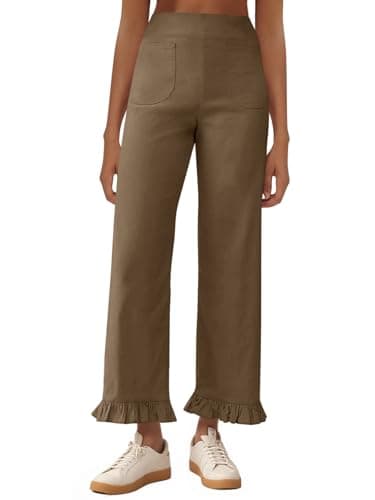 Cicy Bell Womens Straight Wide Leg Pants Casual High Waisted Ruffle Hem Loose Trousers with Pockets Brown - Image 1
