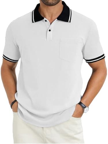 LuxMania Men's Casual Short Sleeve Polo Shirts Classic Button Summer Collared Golf Top T-Shirt with Pocket White XL - Image 1