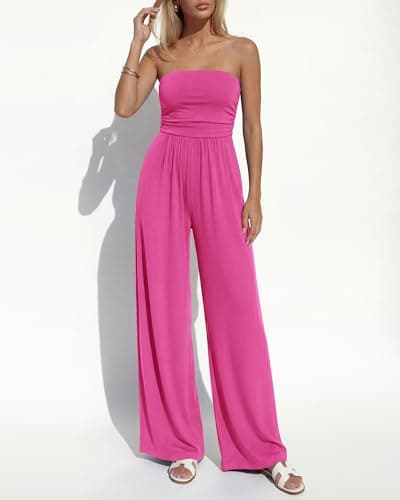 BTFBM Jumpsuits For Women Summer 2026 Beach Vacation Strapless Tube Top Jumpsuit Ruched Casual Wide Leg Pant Rompers(Rose Red, XX-Large) - Thumbnail 6