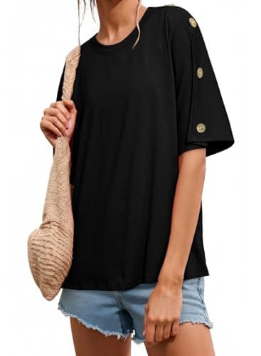 Dokotoo Summer Tops for Women 2026 Oversized T Shirts Short Sleeve Tops Basic Tee Crew Neck Button Down Shirts Loose Fit Spring Fashion 2026 Black Shirt Large - Image 1
