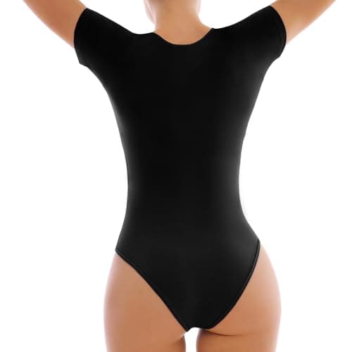 Walifrey Short Sleeve Bodysuits for Women Round Neck Basic Stretchy T Shirts Bodysuits Tops Black L - Thumbnail 3