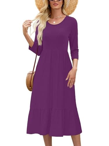 Heymoments Women Dresses Violet Purple Small Crewneck 3/4 Sleeves Wedding Guest A line Tiered Casual Flowy Swing Party Vintage Spring Fall Winter Beach Travel 2026 Long Midi Dress with Pockets - Image 1