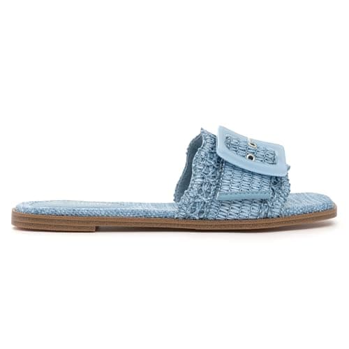 Rihero Womens Flat Sandals Raffia Slip On Beach Slides Square Open Toe Comfortable Summer Buckle Woven Blue Slide Sandals Blue Size 7 - Thumbnail 3