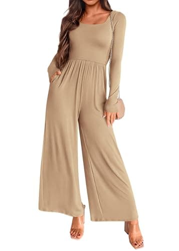 KIRUNDO Long Sleeve Jumpsuit for Women 2026 Spring Outfits Summer One Piece Square Neck Wide Leg Pants Romper With Pockets(Khaki, Large) - Image 1