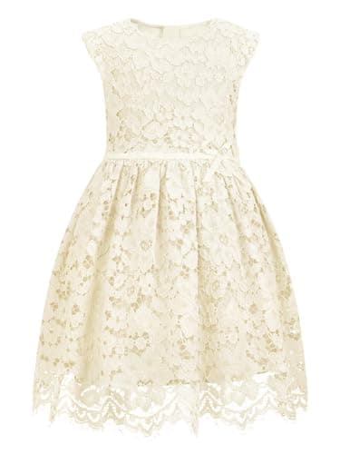 ALLOVIN Girls & Toddlers Sleeveless A-Line Lace Party Dress Birthday Wedding & Flower Girl Dress with Beaded Bowknot | Ivory | 11-12Y - Image 1