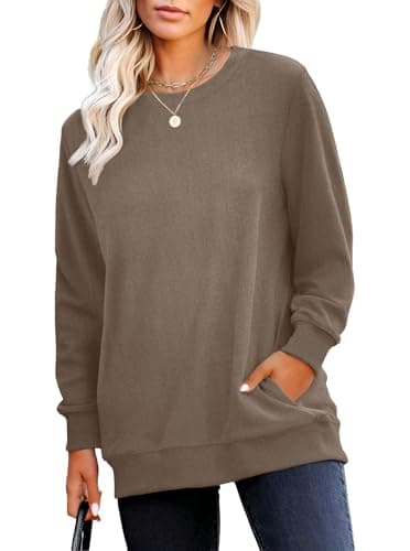 RUMIA Crewneck Fall Sweatshirt for Women Plain Long Sleeve Top with Pocket - Image 1