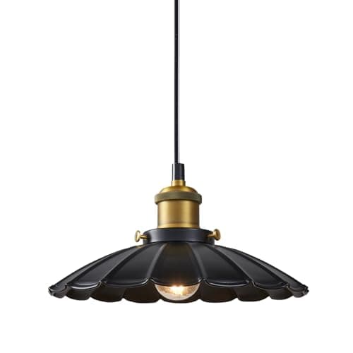 Oyisen Black Pendant Light, 9.8 Inch Retro Hanging Lamp for Bedroom, Glossy Hanging Kitchen Lights Living Room 6.5Ft Height Adjustable Indoor Pleated Pendant Light - Image 1