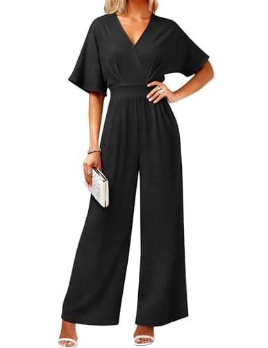 LOOKBOHO Womens Jumpsuits Dressy Elegant Batwing Sleeve V Neck One Piece Wide Leg Sexy Long Pants Romper Black XXL - Image 1