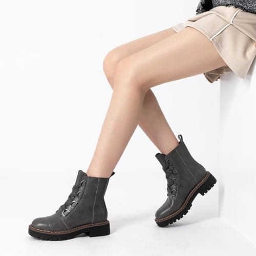 Athlefit Women's Combat Ankle Boots Platform Chunky Low Heel Boots Fashion Lug Sole Lace Up Grey Booties Size 8 - Thumbnail 2