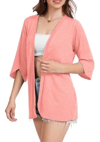 Bosmeer Cardigan Sweaters for Women Petal Cuff 3/4 Sleeve Kimono Cardigans Summer Outfits Lightweight Beach Cover Up Pink M - Thumbnail 3