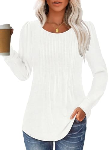 GKBK Women Long Sleeve Shirts Fall Tops Dressy Pleated Scooped Neck Tunic Tops for Leggings White 3XL - Image 1